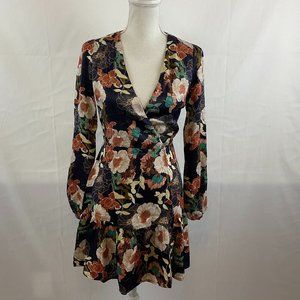 Lulu's Wrap Dress XS Navy Blue Coral White Beige Floral Long Sleeve